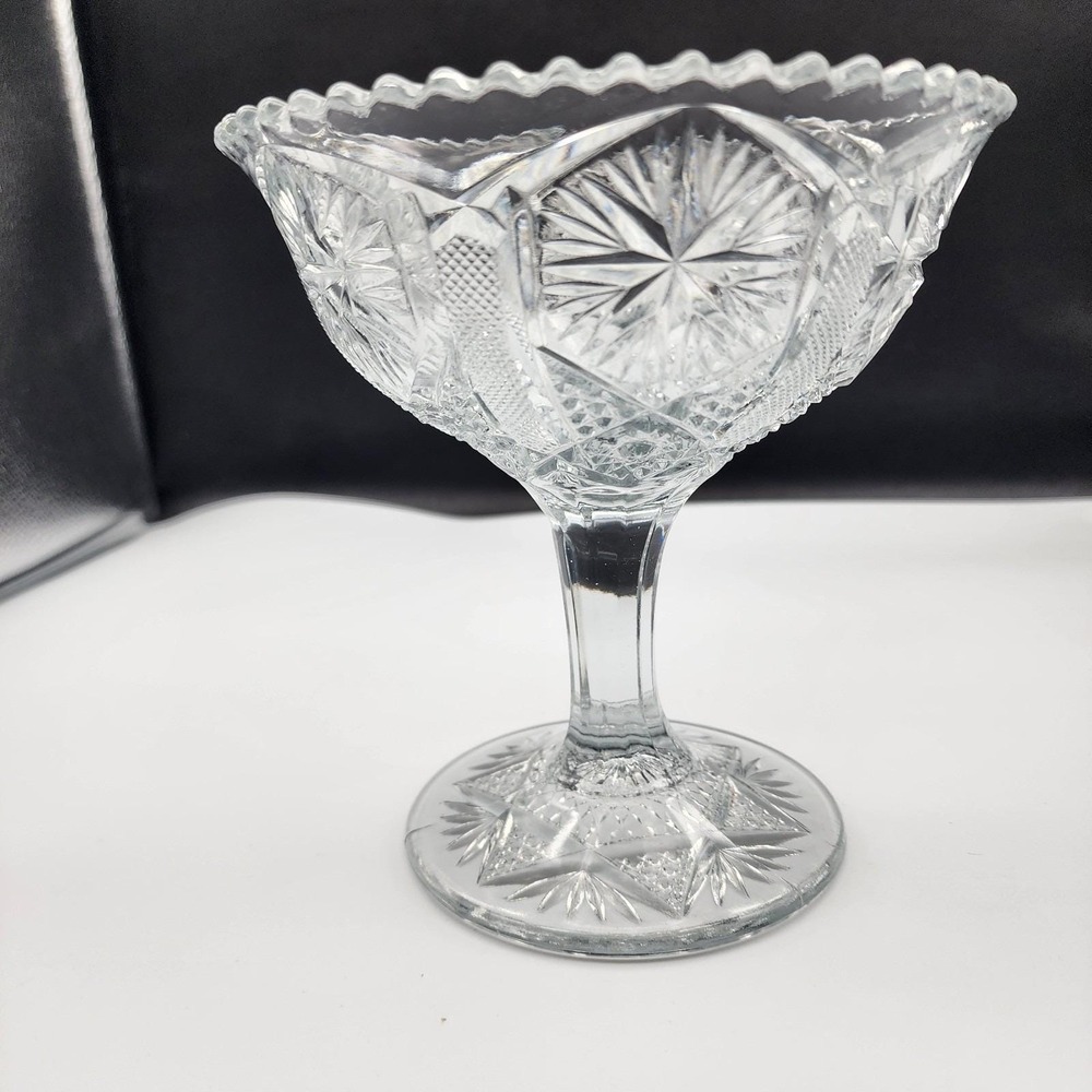 Vintage Clear Pressed Glass Pedestal Compote Candy Dish Sawtooth Starburst 6 1/2